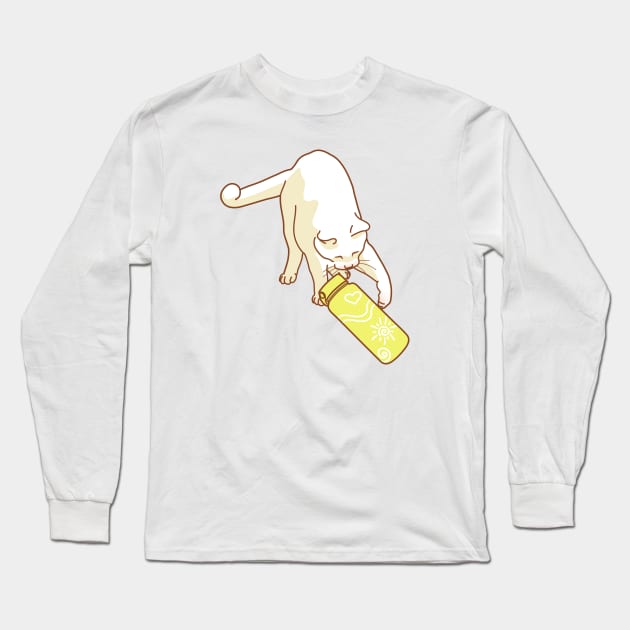 White cat knocking yellow water bottle Long Sleeve T-Shirt by Wlaurence